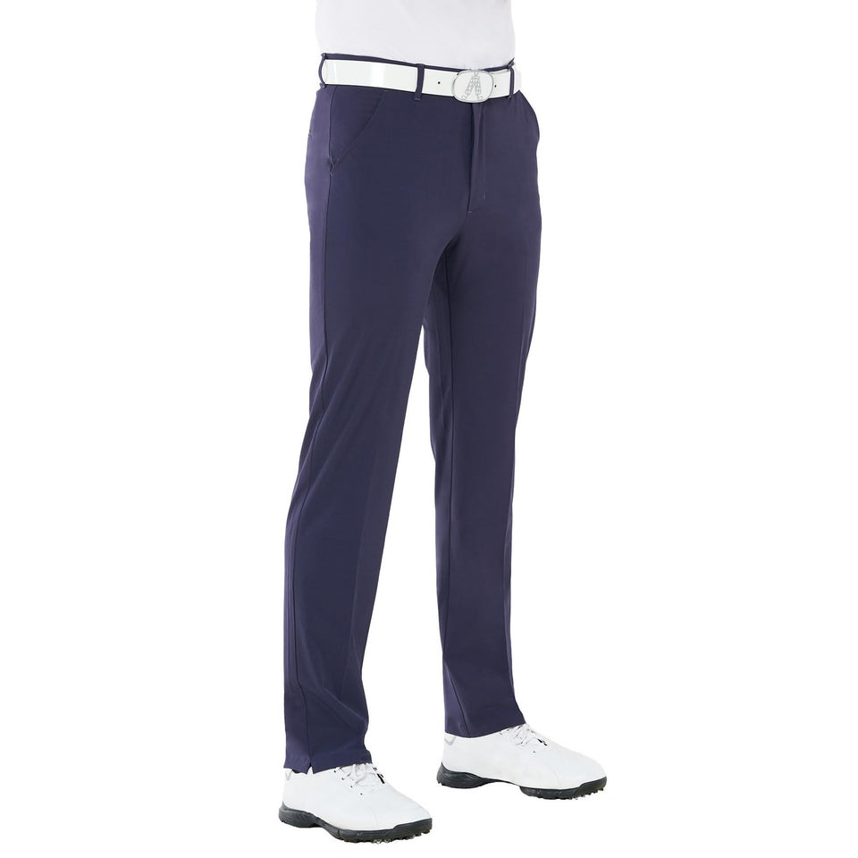 Royal & Awesome navy golf pants, front view, flexible movement for on-course comfort.