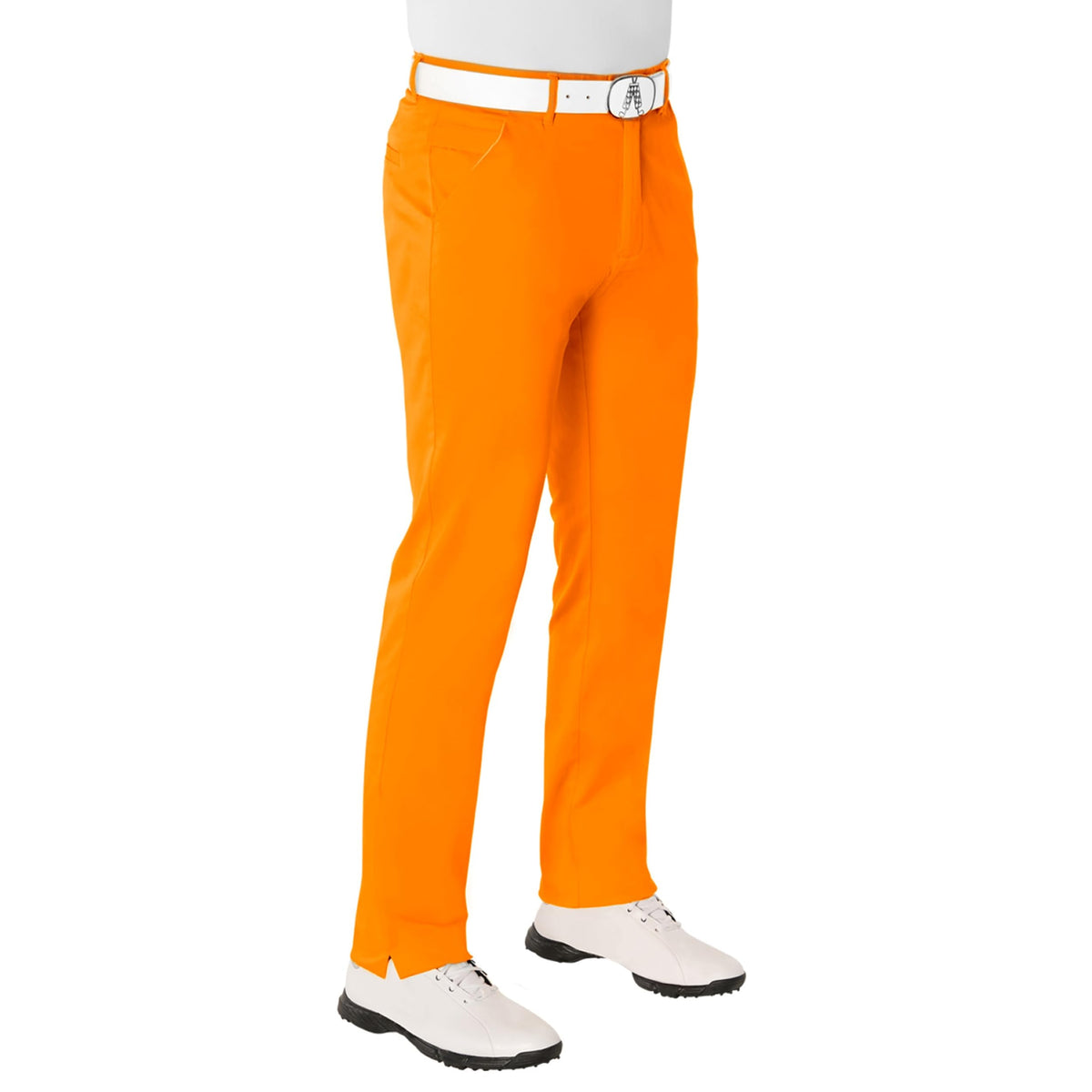 Royal & Awesome Orange Slice golf pants full view show vibrant color and fit.