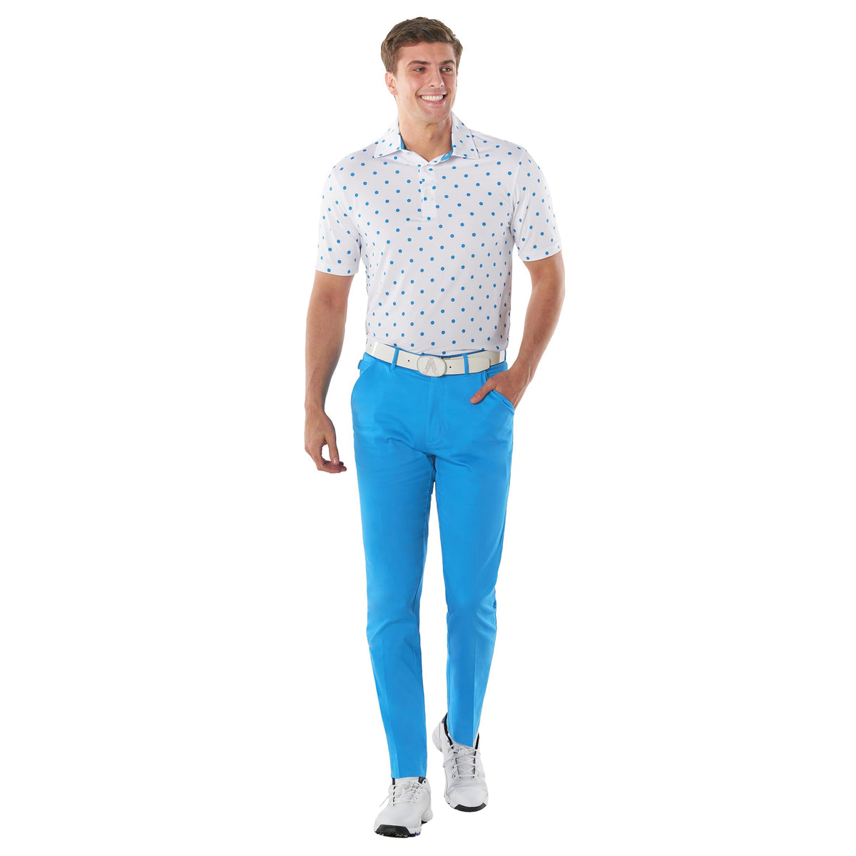 Royal and Awesome orange slice pants, side view showing flexible stretch fabric.