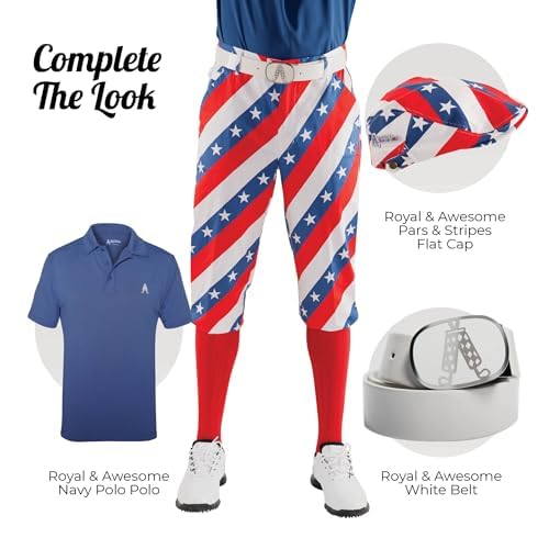Model wearing Royal & Awesome pars and stripes USA golf knickers in vivid colors.