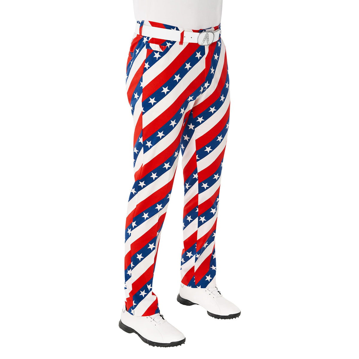 Royal & Awesome pars-and-stripes golf pants offer flexible comfort for on- and off-course wear.