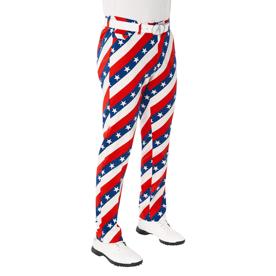 Royal & Awesome pars-and-stripes golf pants offer flexible comfort for on- and off-course wear.