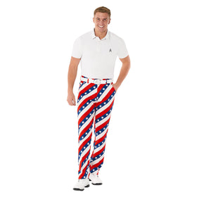 Royal & Awesome pars-and-stripes golf pants feature deep pockets for scorecards and tees.