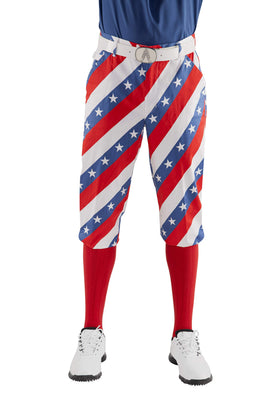 Royal & Awesome Pars and Stripes USA knickers front view with bold stripes for on-course style.