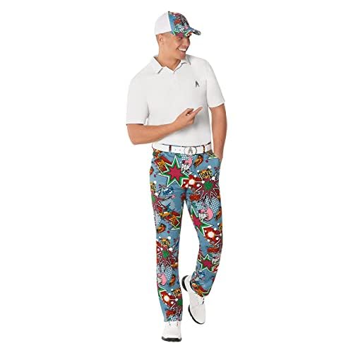 Royal & Awesome Partoon golf pants show tee loops for easy access on the course.
