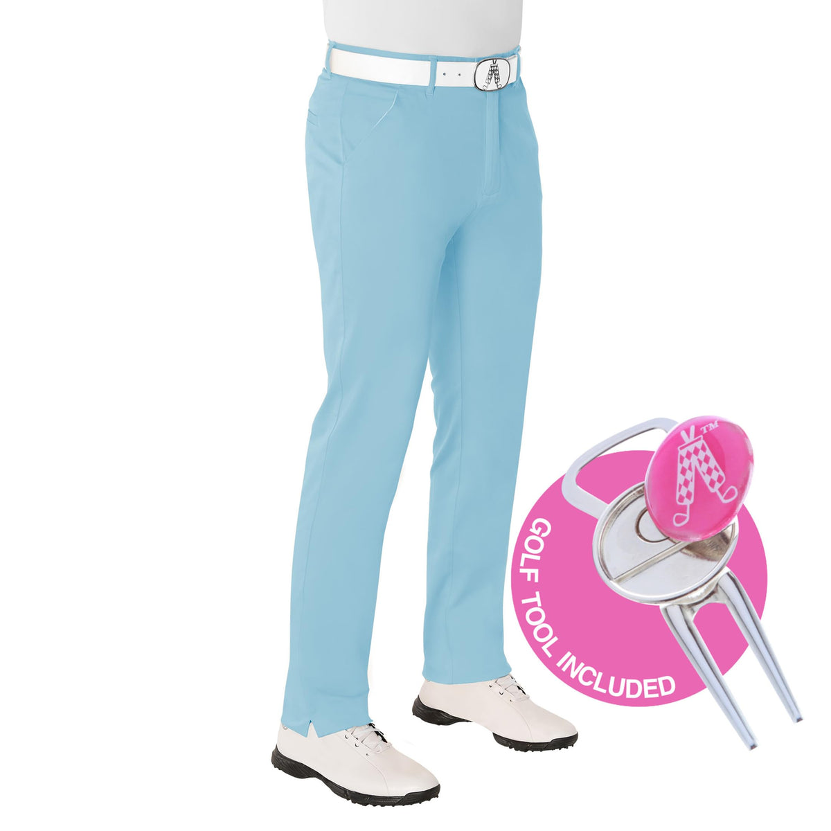 Royal & Awesome pastel blue golf pants front view showing tapered leg and comfort