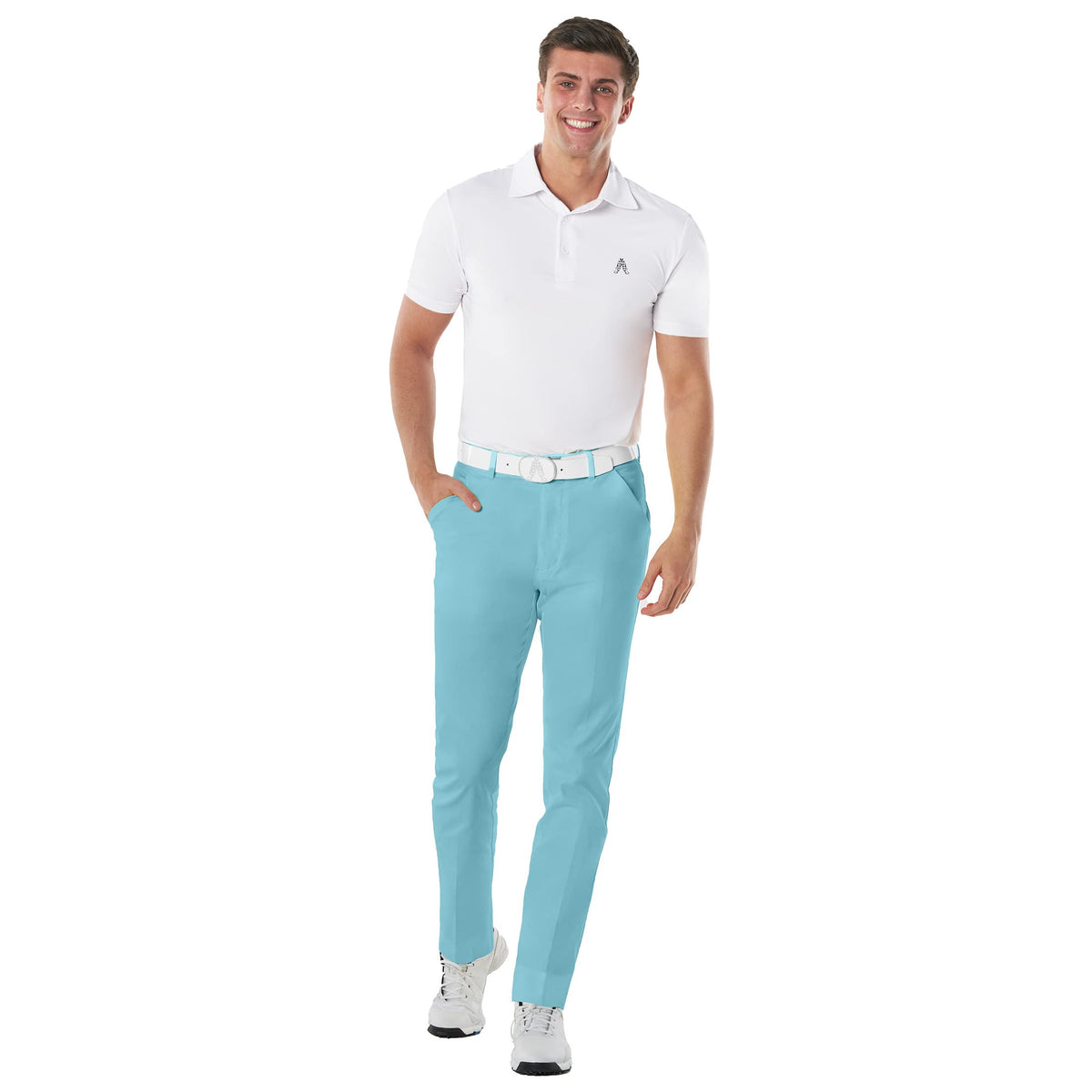 Royal & Awesome pastel blue golf pants side profile with stretch fabric for mobility