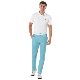 Royal & Awesome pastel blue golf pants side profile with stretch fabric for mobility