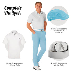 Royal & Awesome pastel blue golf pants—zip fly detail illustrating practical design.