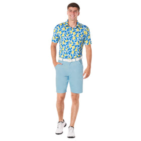 Royal & Awesome pastel blue golf shorts back view; roomy thigh space for easy movement.