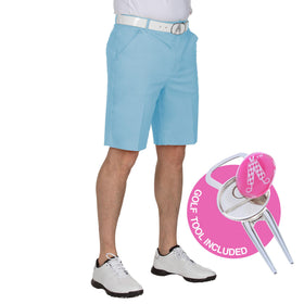 Royal & Awesome pastel blue golf shorts front view; soft cotton-spandex stretch for all-day comfort.