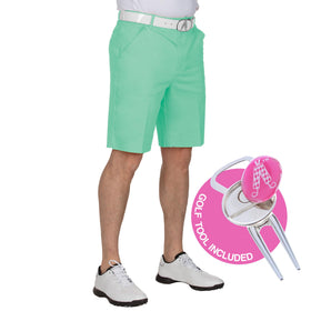 Royal & Awesome pastel green golf shorts front view shows bold color and comfortable fit.