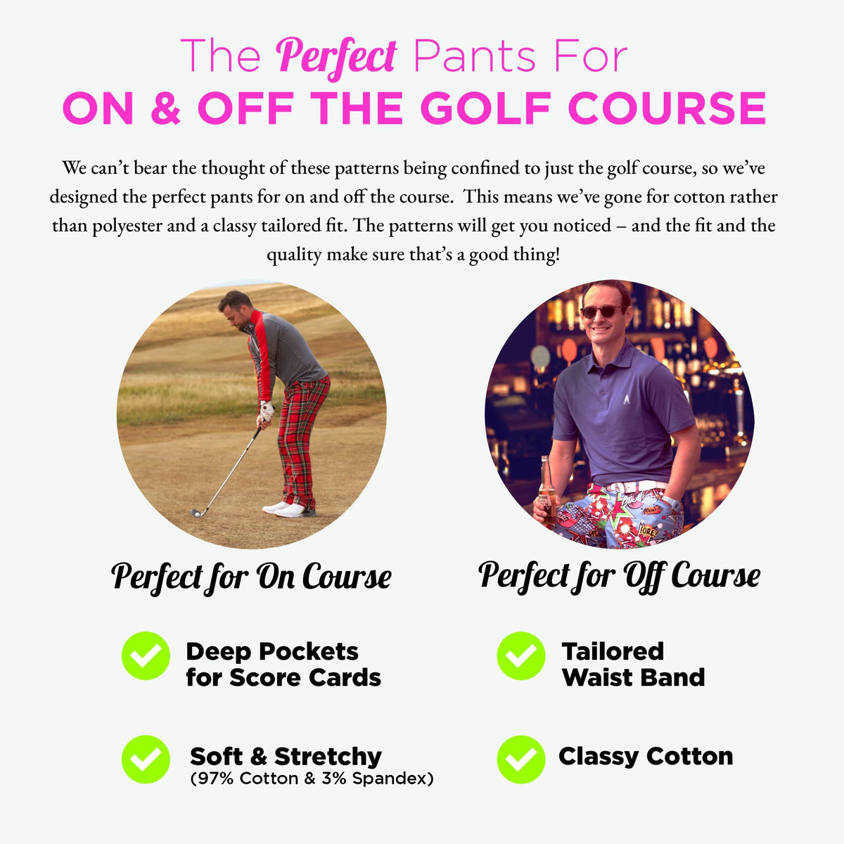 Royal & Awesome pastel orange golf pants in action for on-course performance and style.