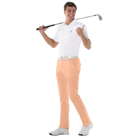 Royal & Awesome pastel orange golf pants waistband close-up showing a tailored fit.