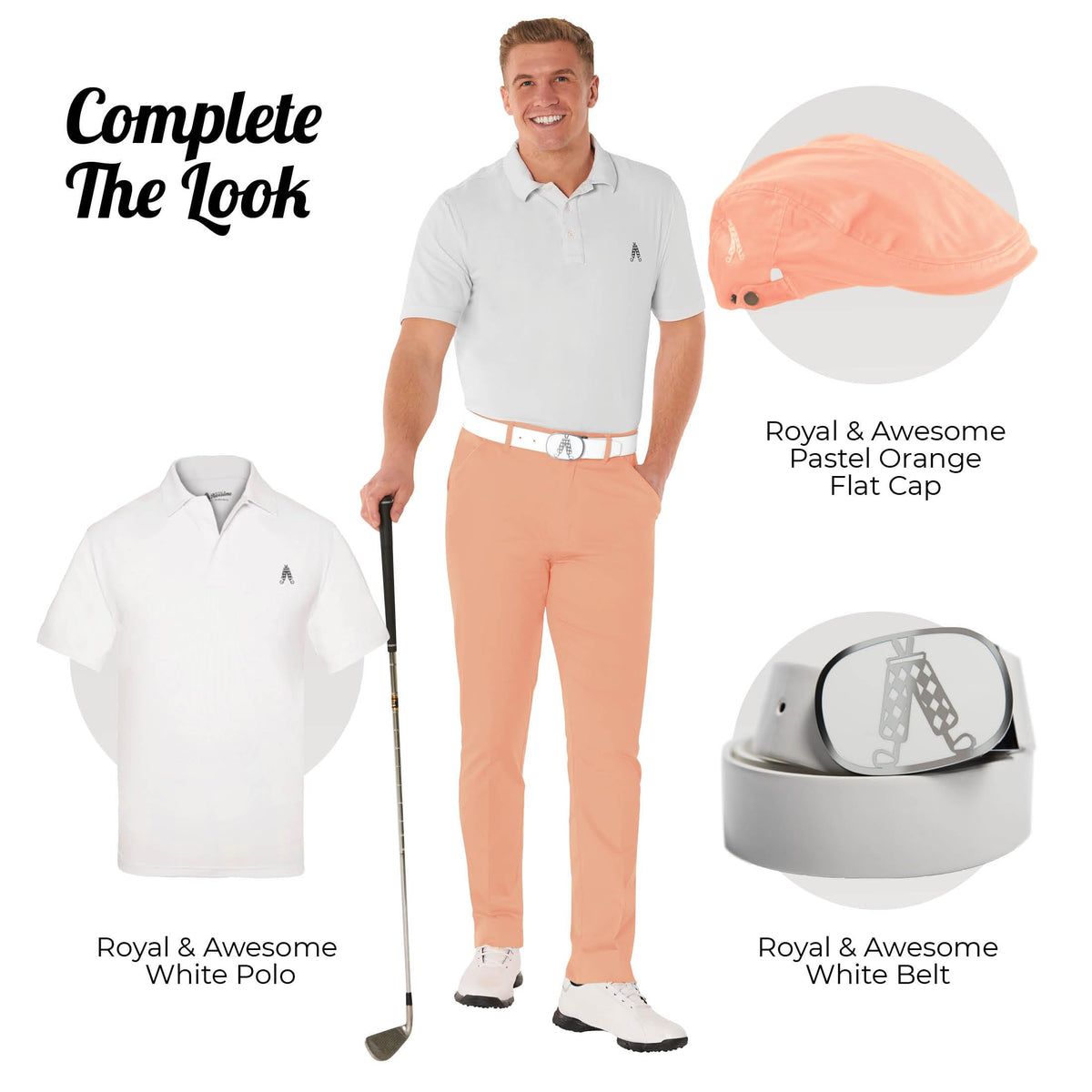 Royal & Awesome pastel orange golf pants zip fly closure for quick dressing.