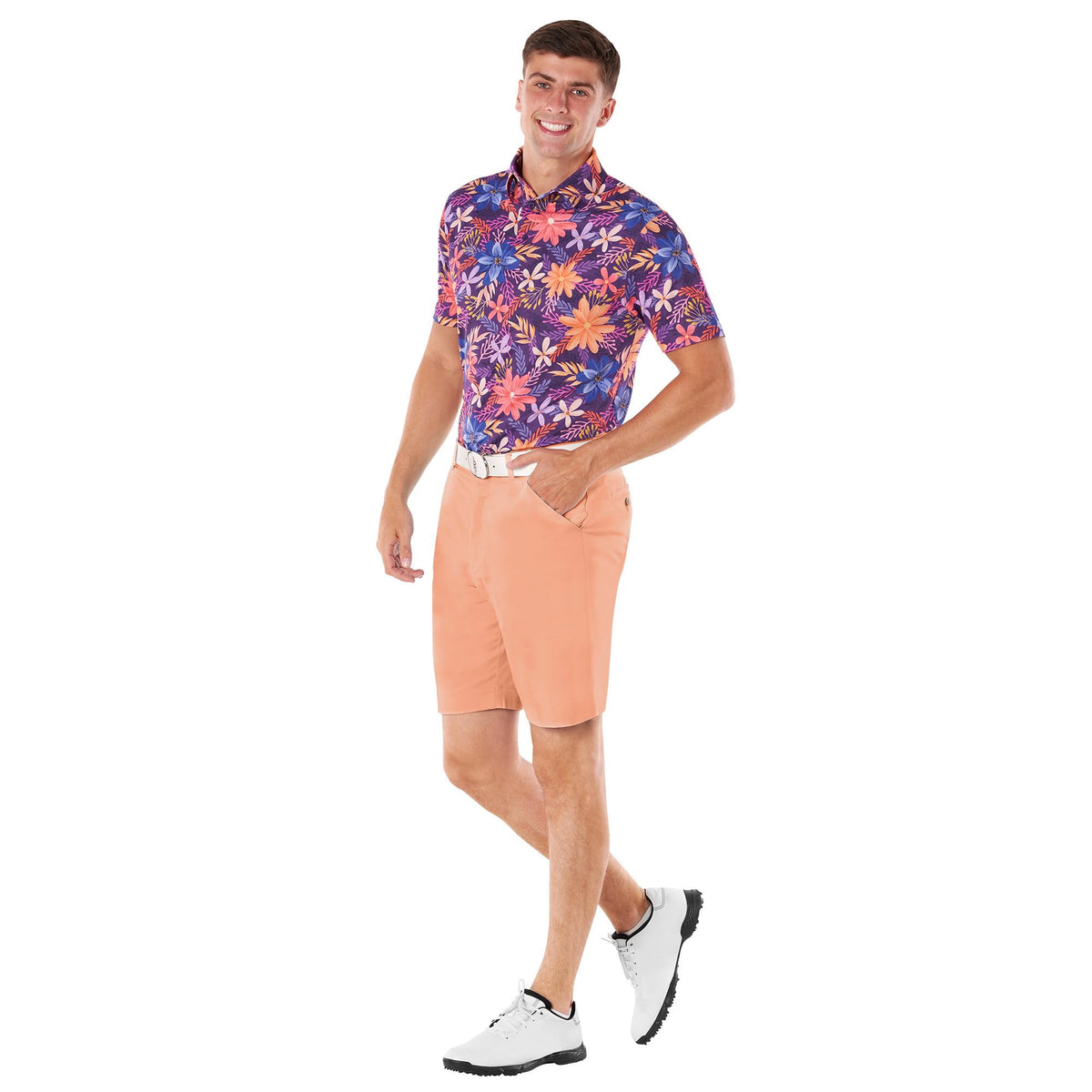 Royal & Awesome pastel orange golf shorts back view, relaxed fit for freedom of movement.