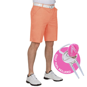 Royal & Awesome pastel orange golf shorts on model, soft stretch for comfortable all-day wear.