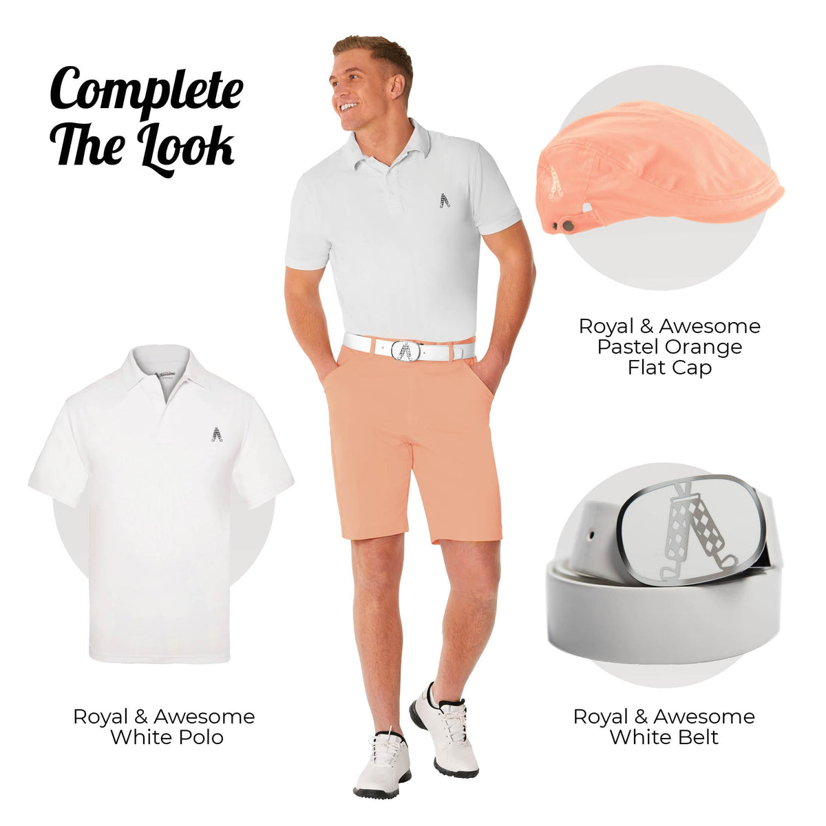 Royal & Awesome pastel orange golf shorts tee loops and pocket details