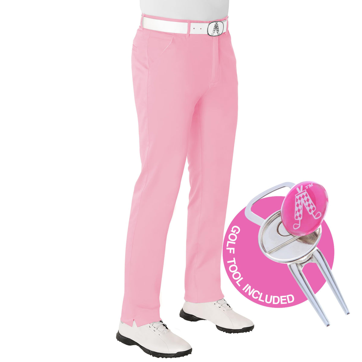 Royal & Awesome pastel pink golf pants, front view, relaxed stretch fit for all-day movement.