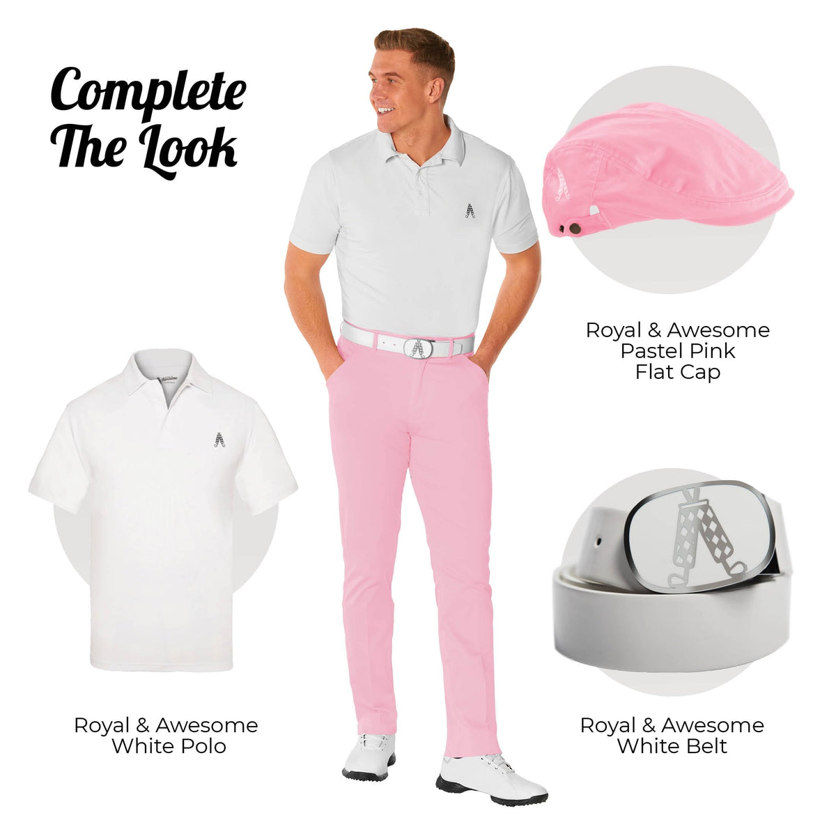 Royal & Awesome pastel pink golf pants featuring four-way stretch for all-day comfort.
