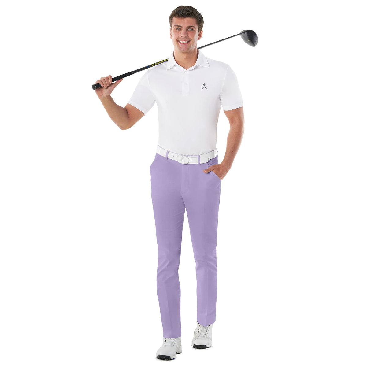 Royal & Awesome pastel purple golf pants, back view, reinforced stitching for lasting wear.