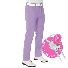 Royal & Awesome pastel purple golf pants front view showing four-way stretch for all-day comfort.