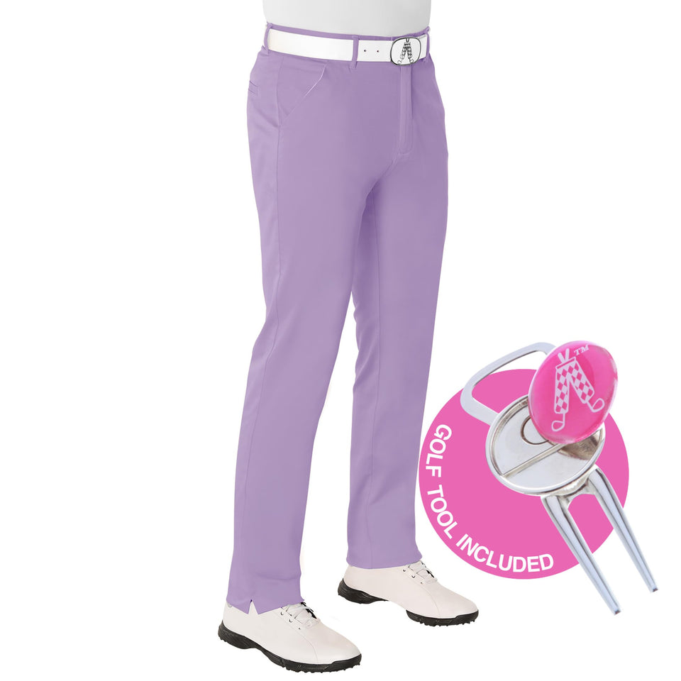Royal & Awesome pastel purple golf pants front view showing four-way stretch for all-day comfort.