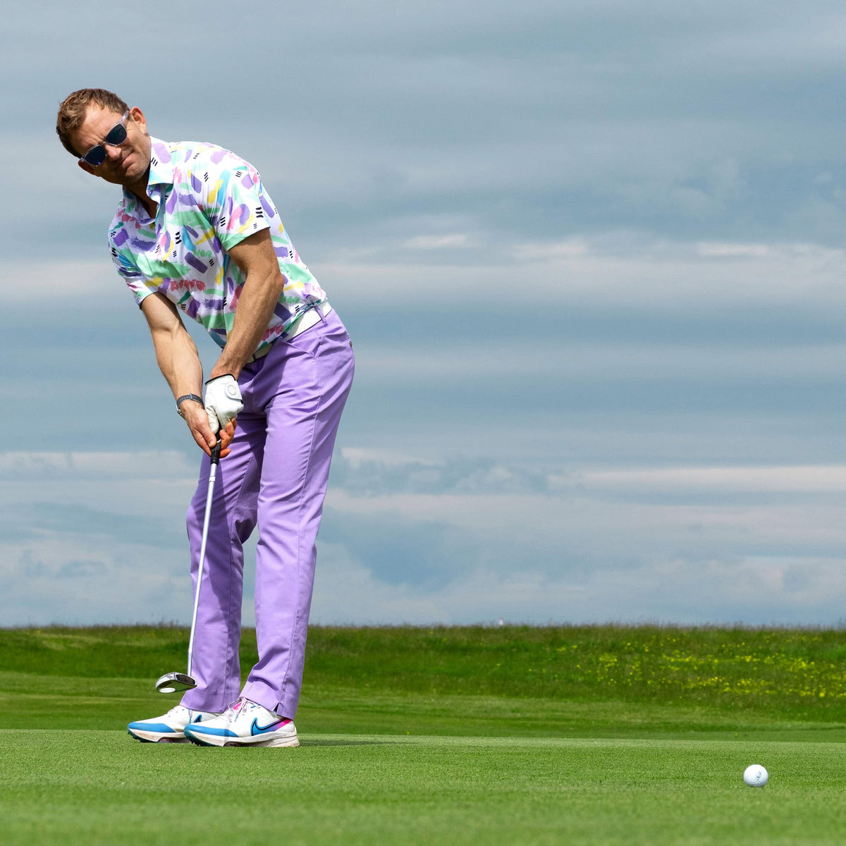 Royal & Awesome pastel purple golf pants side view showing relaxed fit and silhouette