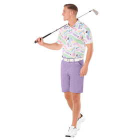 Royal & Awesome pastel purple golf shorts side view showing deep pockets for scorecards.