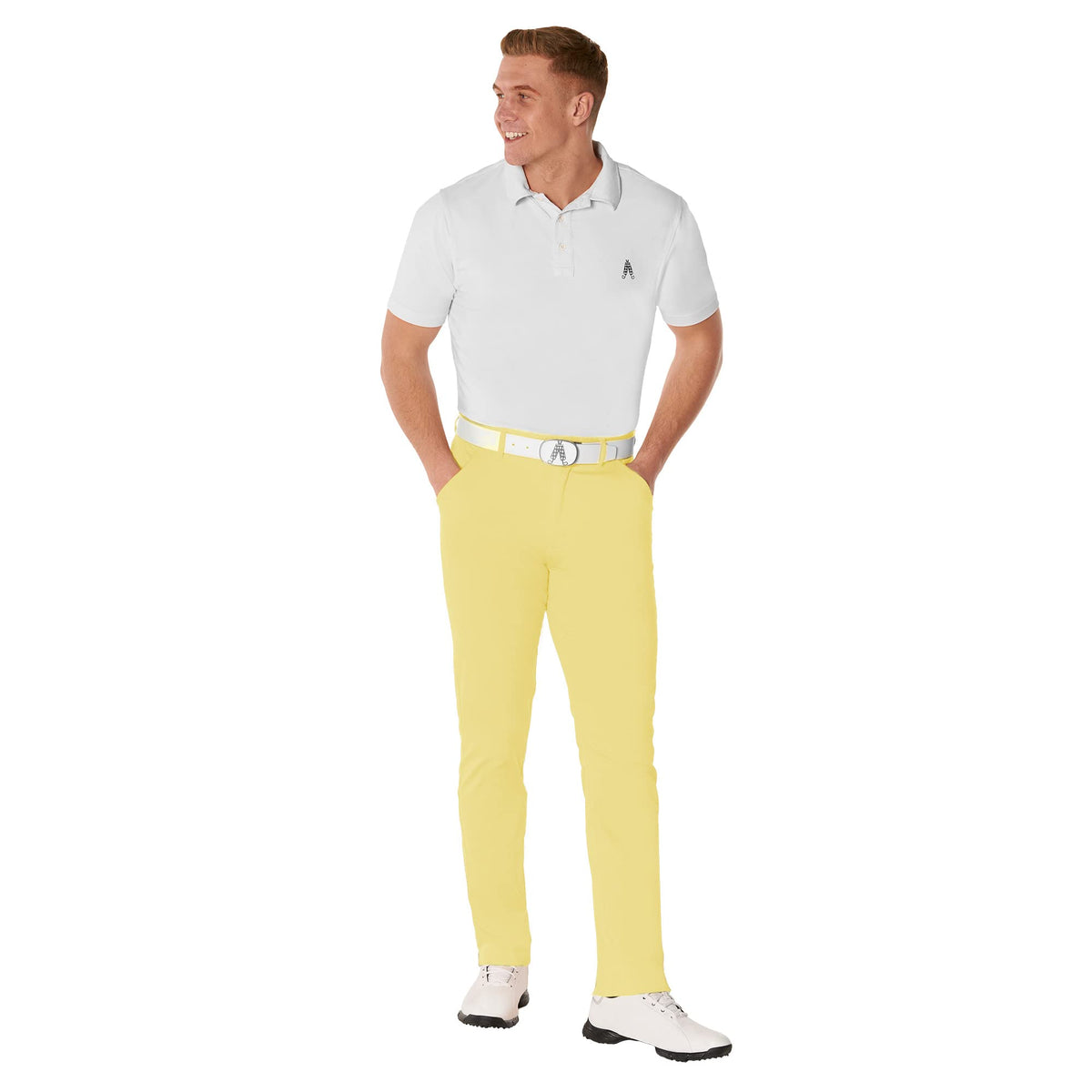 Royal & Awesome pastel yellow golf pants back view, reinforced stitching for durability.