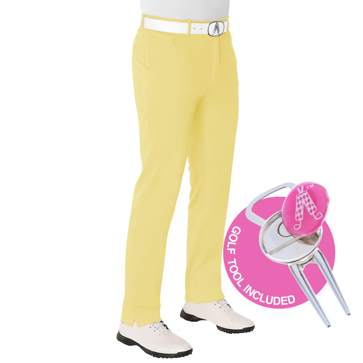 Royal & Awesome pastel yellow golf pants front view, relaxed stretch for all-day comfort.