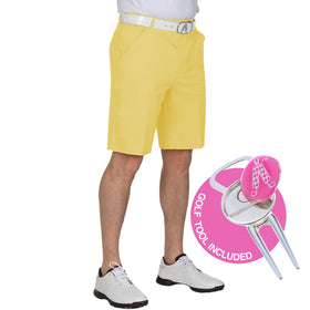 Royal & Awesome pastel yellow golf shorts, front view, comfortable stretch fabric for all-day wear.