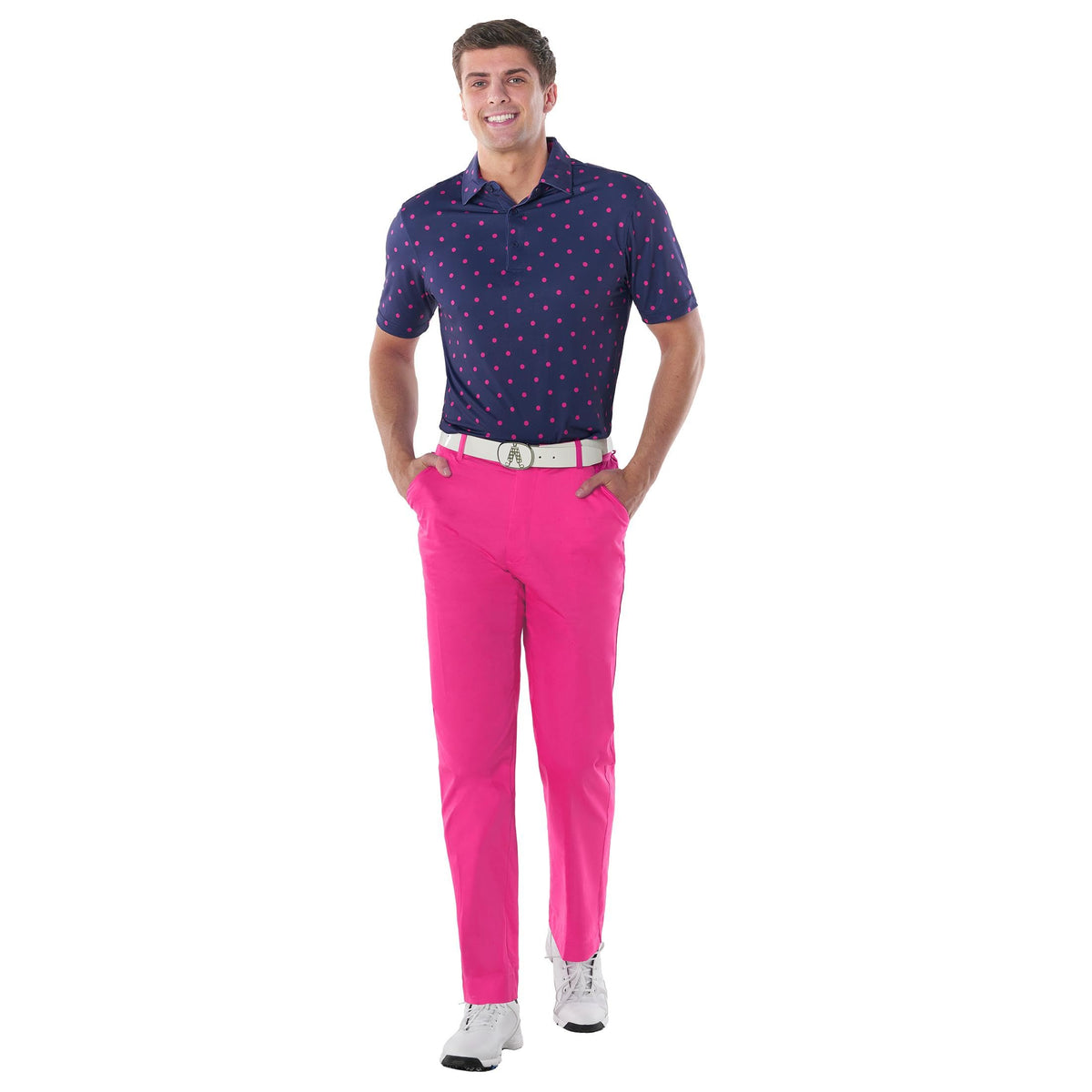 Royal & Awesome pink golf pants featuring a built-in bottle opener for post-round refreshment.
