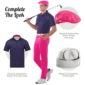 Royal & Awesome pink-ticket pants featuring the 3-in-1 golf tool for on-course ease.