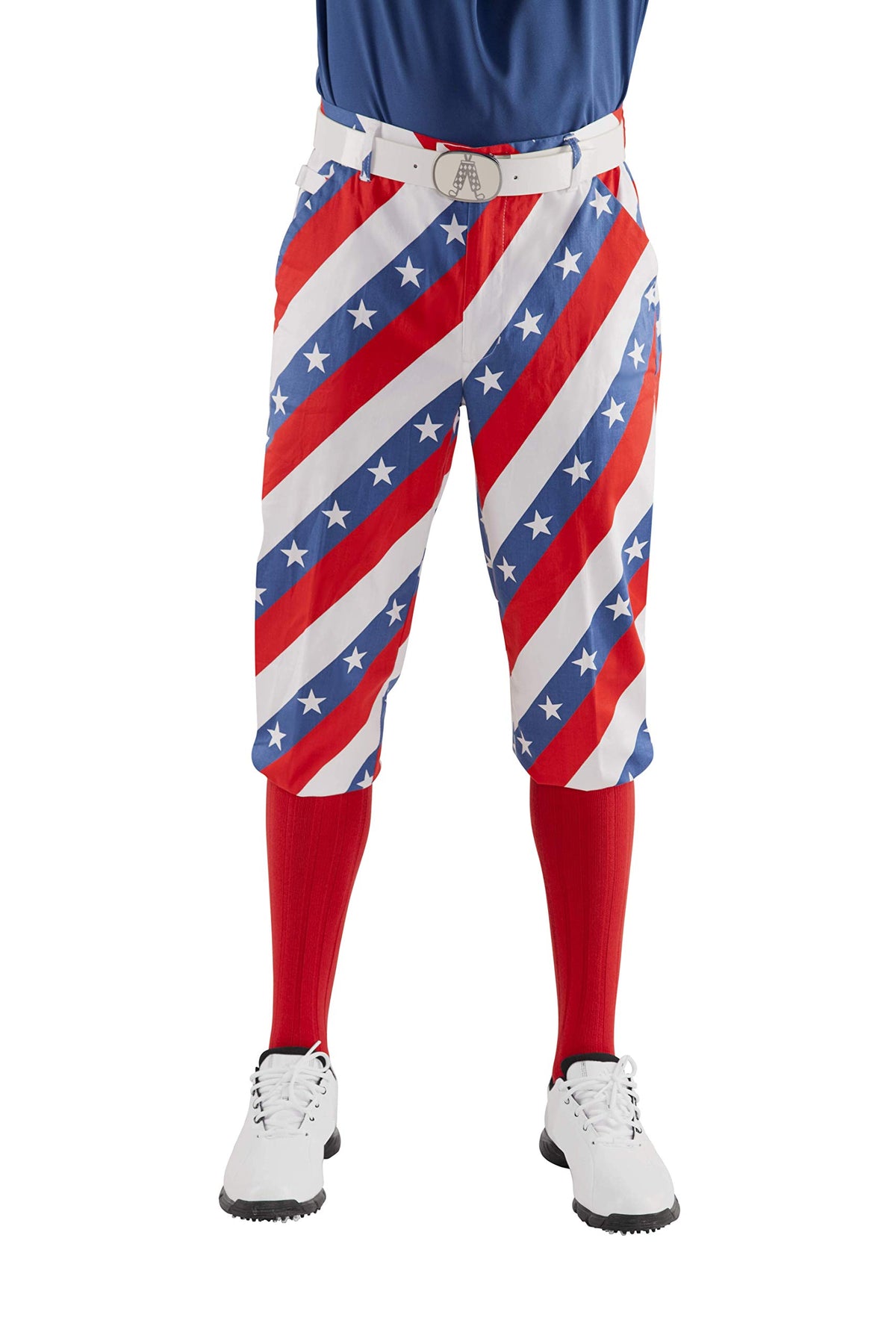 Royal and Awesome plus-size golf knickers with bright par-el stripes for high visibility on the course.