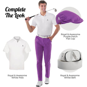 Royal & Awesome purple golf pants pocket detail, practical storage for tees and markers.