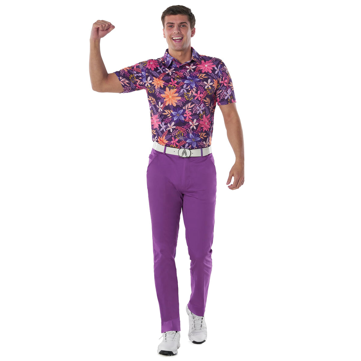 Royal & Awesome purple golf pants side view, flexible movement for on-course comfort.