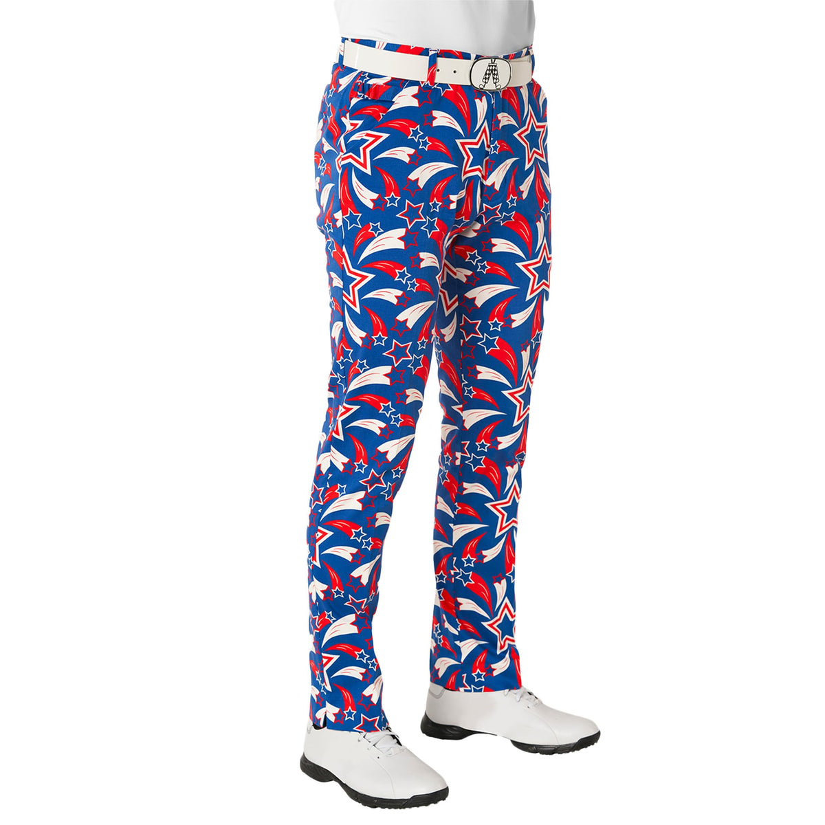 Royal & Awesome Shooting Pars American golf pants with flag design for standout on-course style.