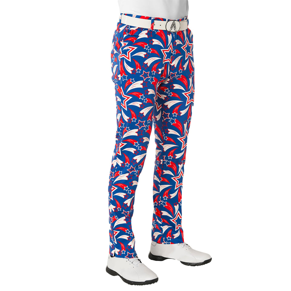 Royal & Awesome Shooting Pars American Golf Pants front view showing bold patriotic style for the course