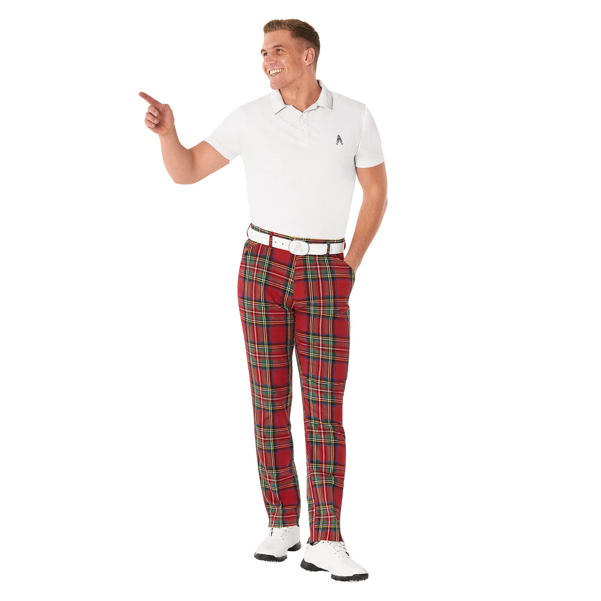 Royal & Awesome Stewart tartan fabric close-up showing breathable cotton-spandex comfort