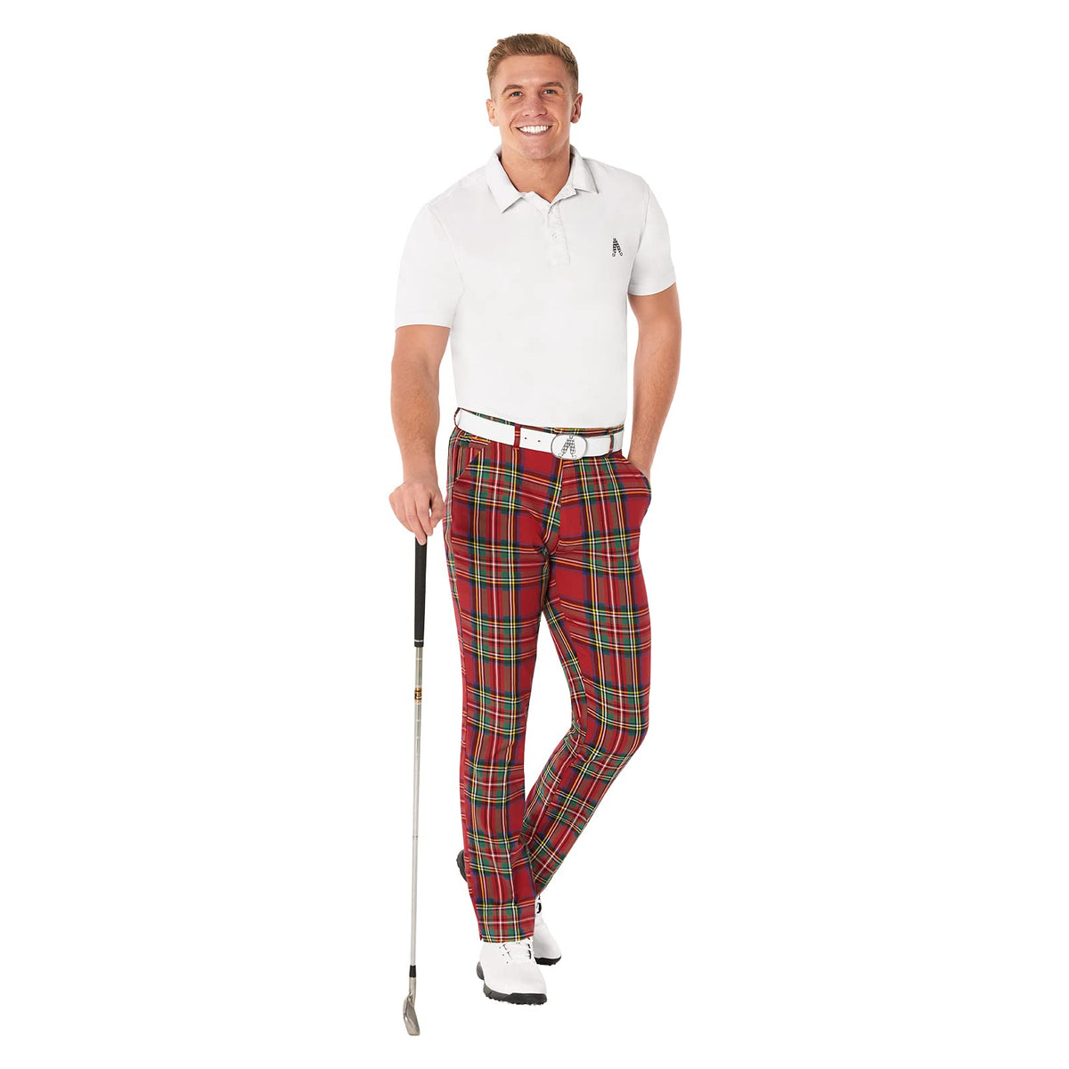 Royal & Awesome Stewart Tartan pants fabric detail and stretch.