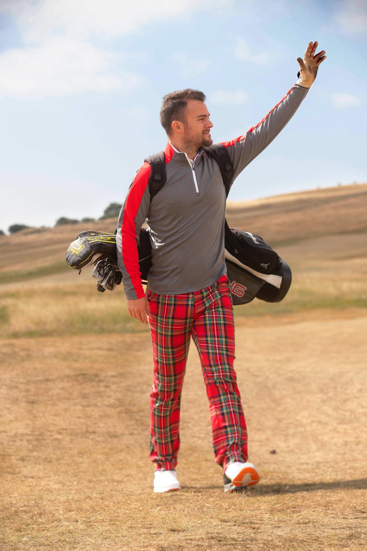 Royal & Awesome Stewart Tartan waistband detail for a secure, comfortable fit.