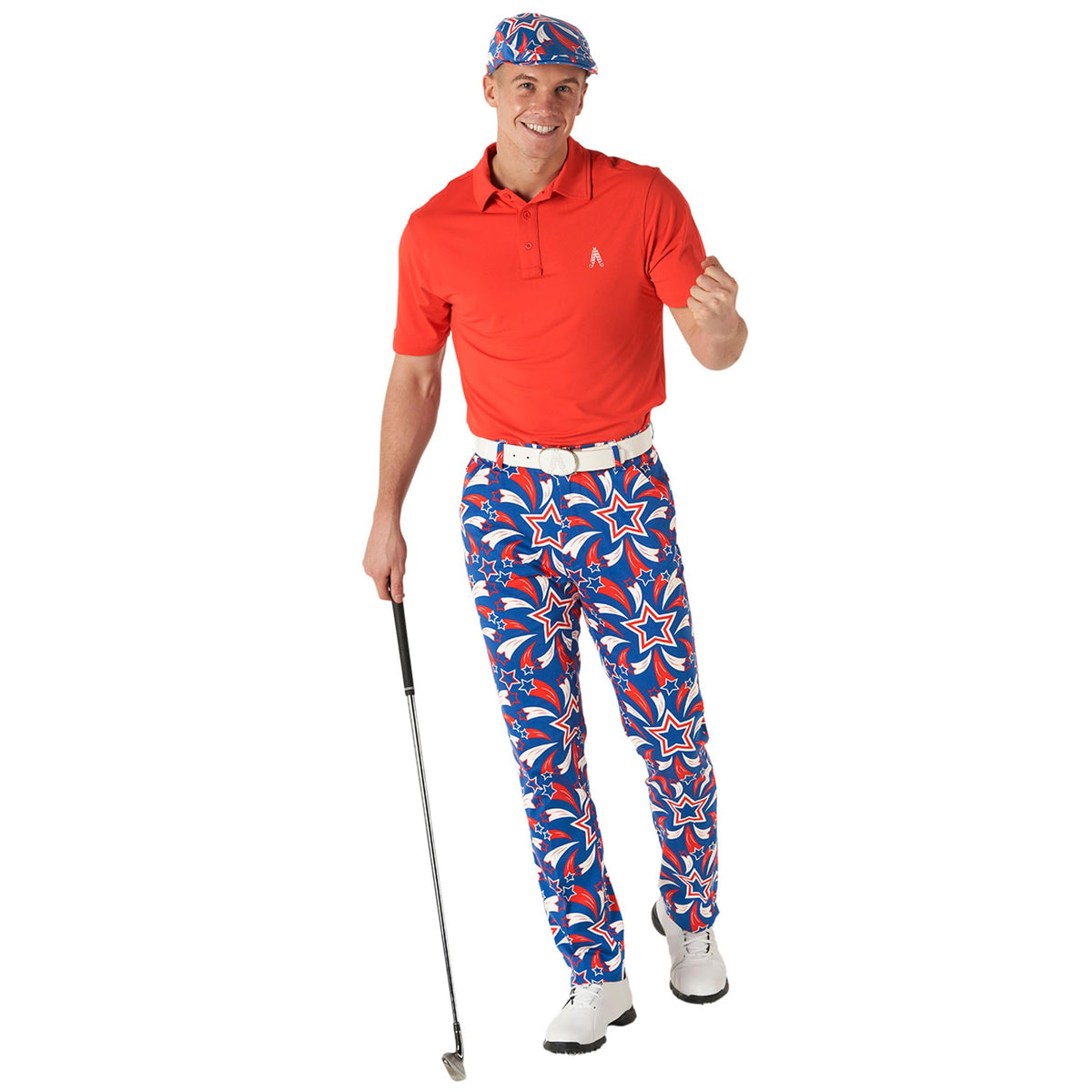 Royal & Awesome American flag golf pants, 40-inch waist, 34-inch inseam, comfortable all day.