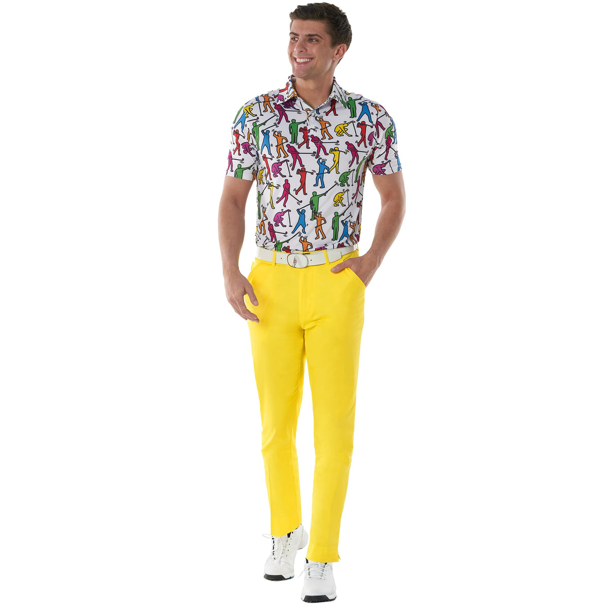 Royal & Awesome yellow golf pants back view showcasing deep pockets and comfort.