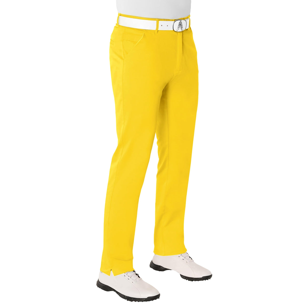 Royal & Awesome yellow golf pants front view showing bold color and relaxed stretch.