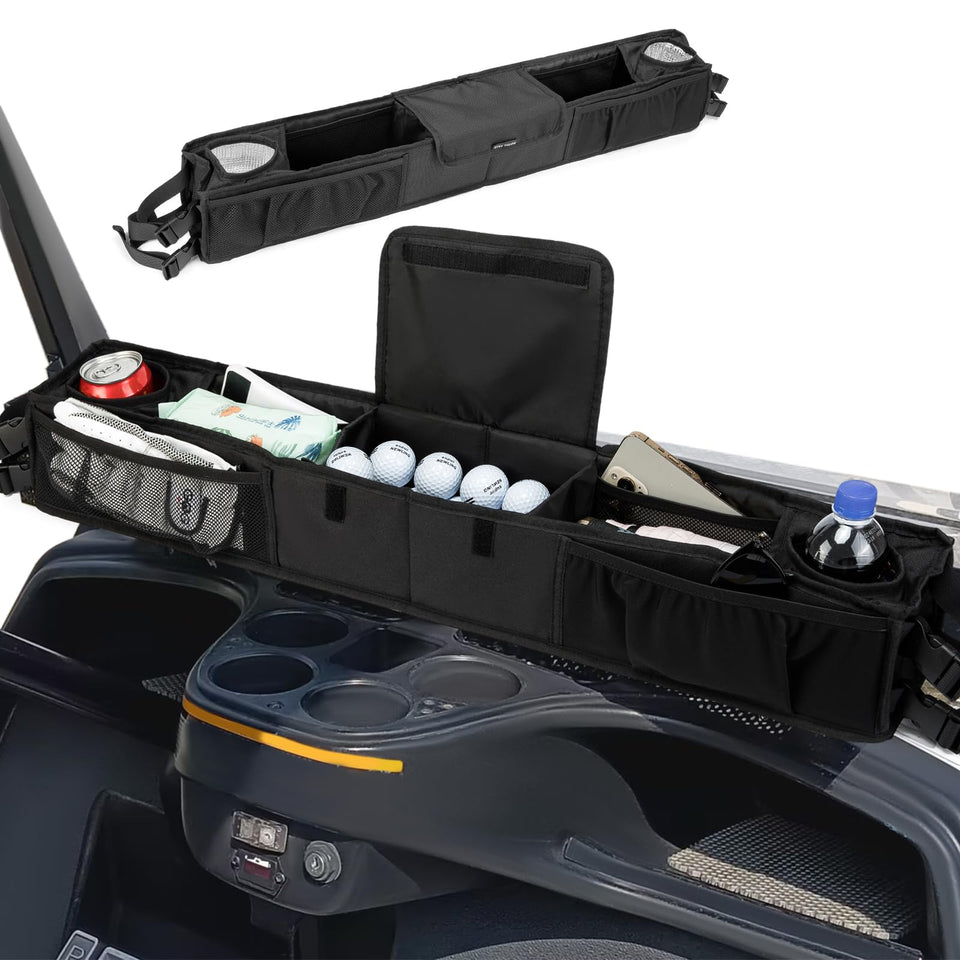 ROYALFAIR front storage basket with insulated cup holders keeps beverages secure on golf cart rides.