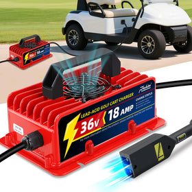 Roykaw 18A 36V charger front view; compact unit ready for on-course charging.