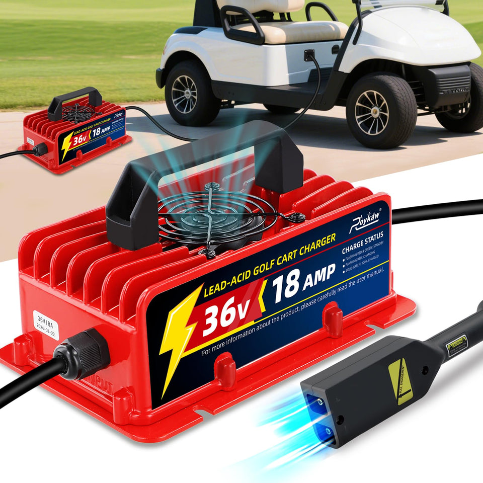 Roykaw 18A 36V charger front view; compact unit ready for on-course charging.