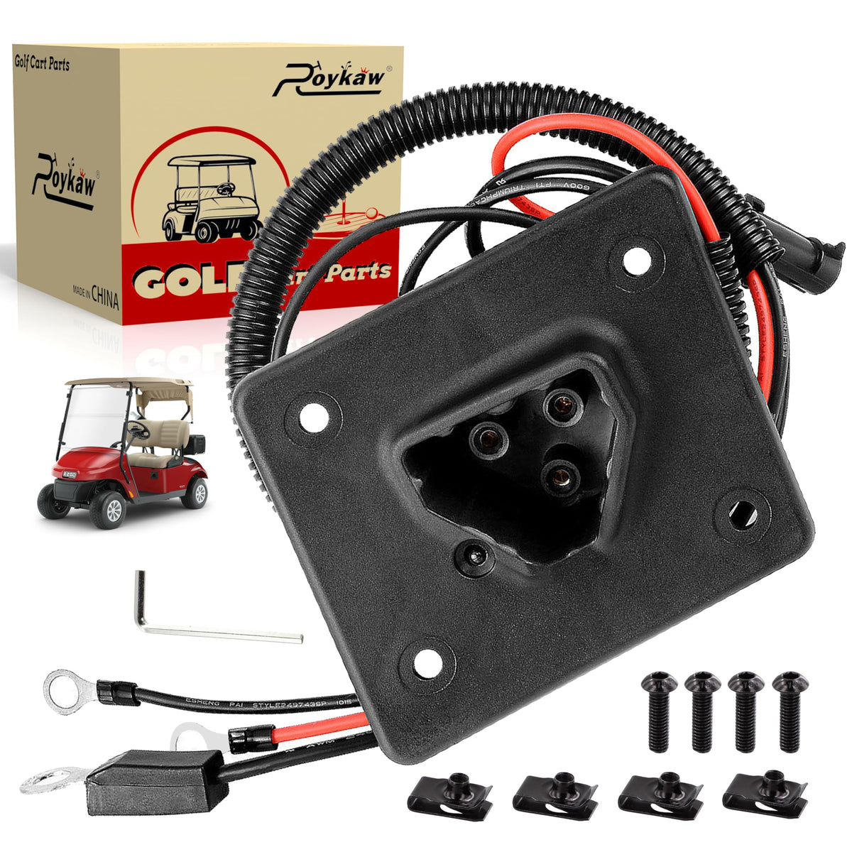 Roykaw 48V charger receptacle for EZGO RXV and TXT delivers secure, reliable charging.