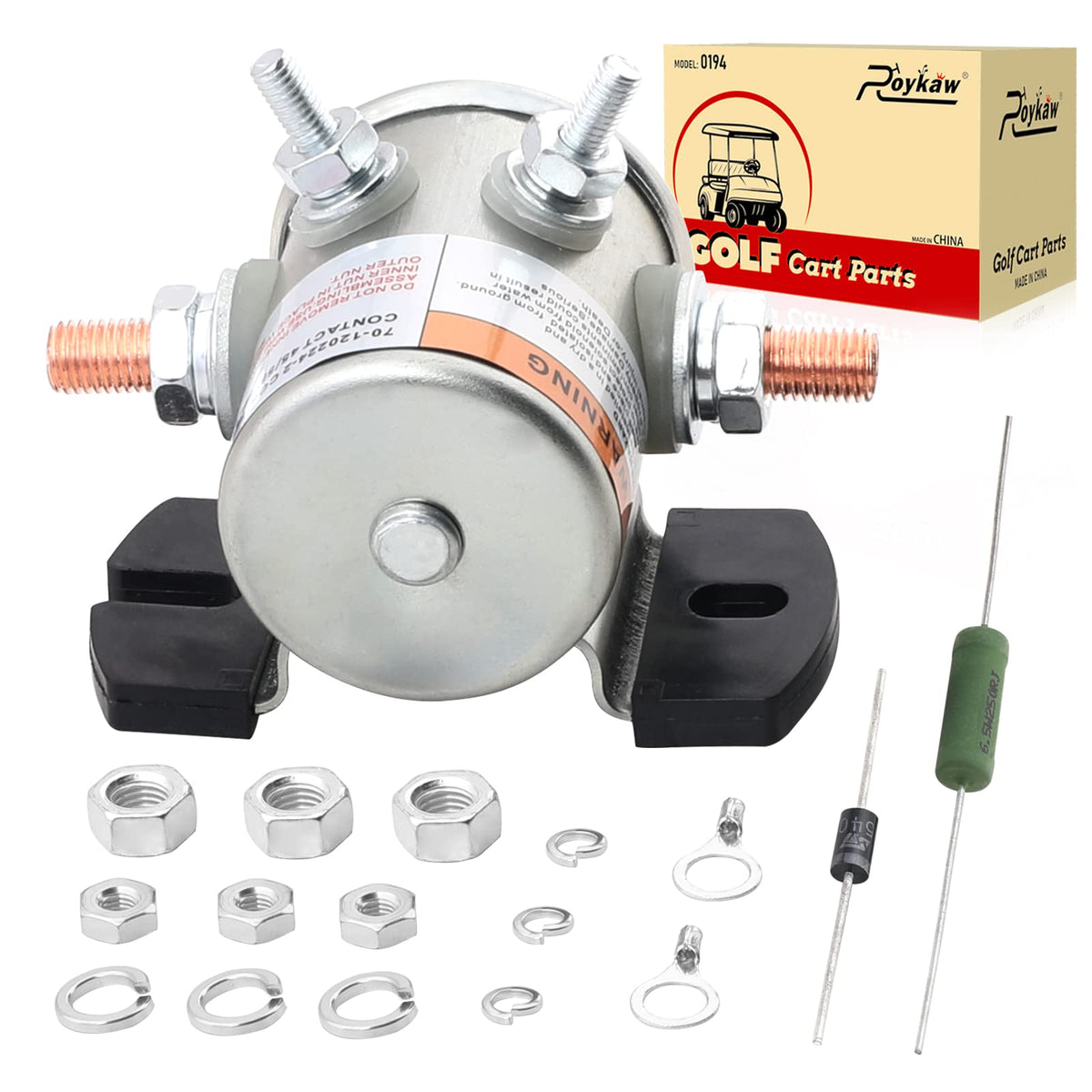 Roykaw 70-series solenoid front view for EZGO carts.